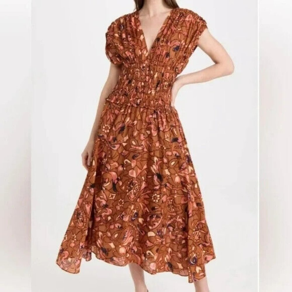 A.L.C. Lucia Midi Dress Size 4 Bronze Floral Cotton Voile Smocked V-Neck